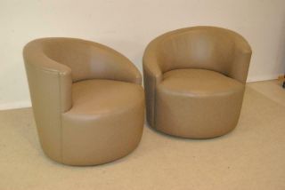 Pair Nautilus Taupe Leather Swivel Chairs Style Of Vladimir Kagan