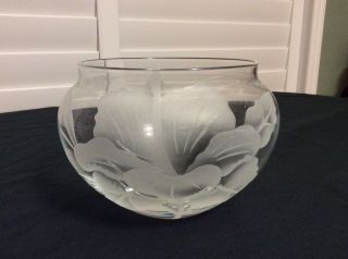 Vintage Frank Oda Arts Hawaii Hibiscus Etched Glass Bowl Vase