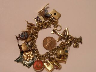 Signed Vintage 1 - 20 - 12k Gf Gold Filled Wells Charm Bracelet & 18 Charms 50 Grams