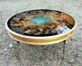 Mid Centurt Classical Regency Brass Coffee Table With Marbleized Glass Top