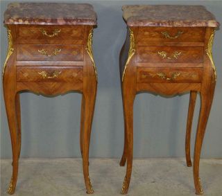 17839 French Marble Top With Brass Ormolu Trim Nightstands - Inlay