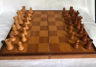 Vintage Staunton Chess Set Wooden Figures 14” Folding Board - 3” Kings