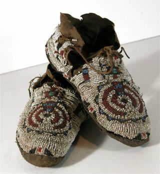 1880s Pair Native American Cheyenne Indian Bead Decorated Hide Moccasins Beaded
