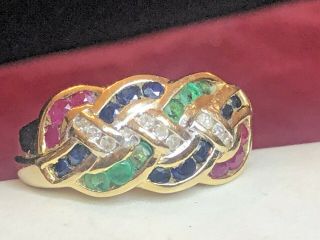 Vintage 14k Gold Natural Diamond Emerald Sapphire Ruby Ring Designer Signed Cna
