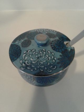 Vintage Kutani Japan Handpainted Porcelain Sugar Bowl Blue Floral With Spoon