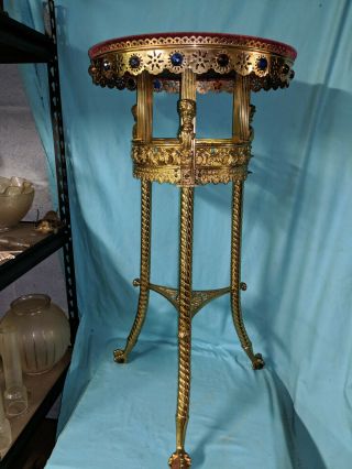 Aesthetic / Renaissance Revival Brass Jeweled Pedestal Table 1880s