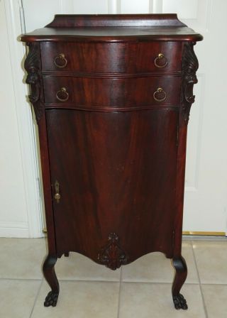 Antique Mahogany Sheet Music Cabinet With Carved Lion Heads & Claw Feet