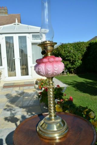 Victorian /edwardian Twin Burner Oil Lamp Stunning Pink Font U/k Only