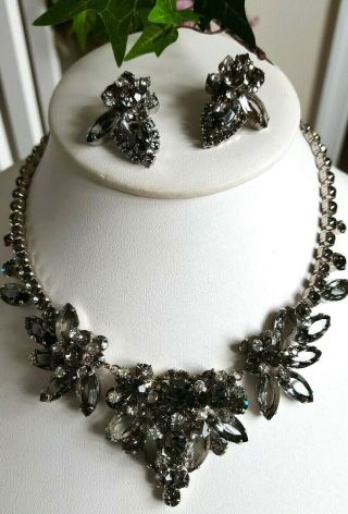 Vintage Juliana Black Diamond Rhinestone Necklace And Earrings Set