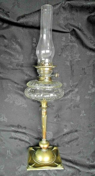 Large Victorian Brass Art Nouveau Column Oil Lamp With Cut Glass Clear Font