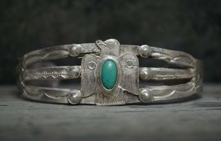 Navajo Vtg Old Pawn Thunderbird Cuff Bracelet Fred Harvey Coin Silver Turquoise