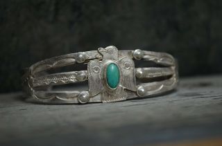 Navajo VTG Old Pawn Thunderbird Cuff Bracelet Fred Harvey Coin Silver Turquoise 2