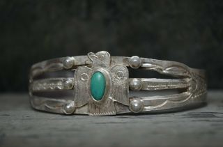 Navajo VTG Old Pawn Thunderbird Cuff Bracelet Fred Harvey Coin Silver Turquoise 3