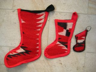 Set Of 3 Navajo Vintage Native Wool Rug Weaving Xmas Stockings - Look