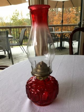 Vintage L.  E.  Smith Moon And Stars Red & Clear Glass 13 1/2” Oil Lamp