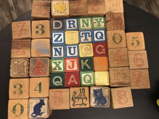 Vtg (46) Assorted Wooden 1 5/8” And 1 3/4” Sq Colored Alphabet/number Blocks