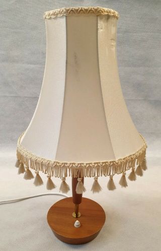 Vintage Mid - Century Atomic Style Teak Brass Table Lamp Frilly Shade 1950s 1960s