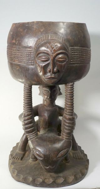 Large 18 " Vintage Carved Wood African Shrine Figure Statue Divination Bowl Luba