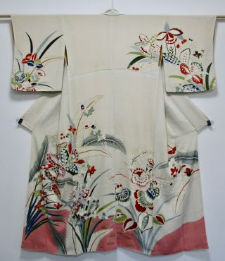 Japanese Kimono Silk Semi - Antique Houmongi / Flower Pattern / Silk Fabric /394
