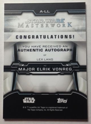 Topps 2019 Star Wars Masterwork Lex Lang Autograph Major Elrick Vonreg AUTO 2