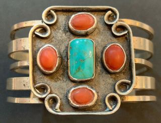Vintage Indian Navajo Silver Bracelet Turquoise & Coral Stones