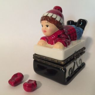 Porcelain Hinged Trinket Box Figurine Boy On Sled W Red Gloves Mittens Christmas