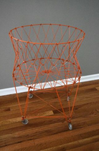 Vtg Orange Folding Collapsible Wire Metal Laundry Storage Basket Rolling Cart