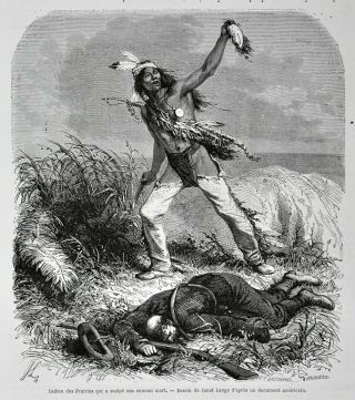 1868 Tour Du Monde Print Prairie Indian With Enemy Scalp Native American Us West