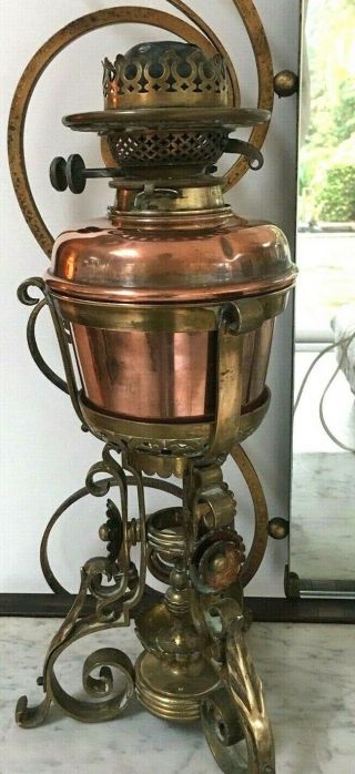 Antique Messenger Copper And Brass Arts And Crafts Oil Lamp