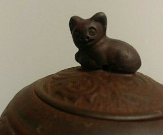 Vintage Yixing Clay Teapot With Cat Figure On Lid And Human Face On Spout