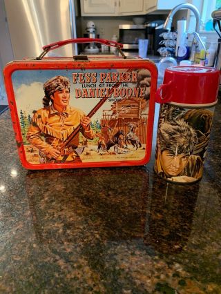 1965 Fess Parker Daniel Boone Tv Show Lunchbox Metal Western Vtg With Thermos