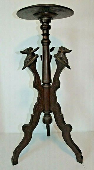 Antique Black Forest Accent Table Three Legged With Hand - Carved Stag Deer Heads