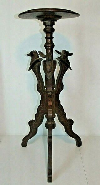 Antique Black Forest Accent Table Three Legged with Hand - Carved Stag Deer Heads 2