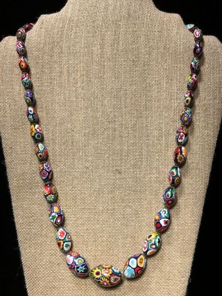 Vintage Art Deco Venetian Millefiori Round Glass Trade Bead Necklace 24 Inch