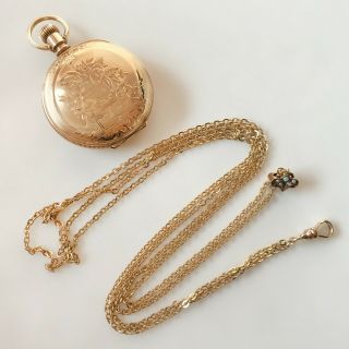 Antique 14k Gold Elgin Pocket Watch & Gold Plated Chain " F&c Co " Circa 1894