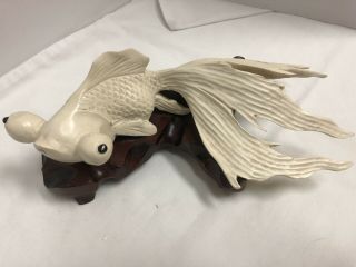 Vintage Asian Koi Fish Statue Wooden Base