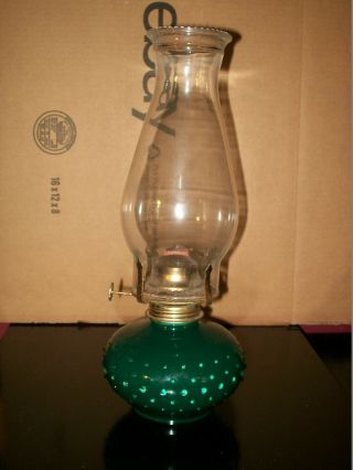 Vintage Green Hobnail Lamplight Farms Oil Lamp With Hobnail Top Chimney