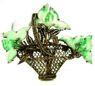 Old Vintage Chinese Jade Carved Vermeil Over Silver Filigree Basket Pin Brooch