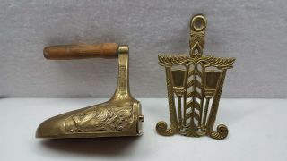 Large Brass Slug Iron Sad Iron With Cast Iron Heating L Handle And Ornate Art 1