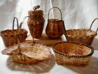 6 Vintage Miniature Small Woven Wicker Baskets Handled Lids 2 " - 4 1/2 " Tall