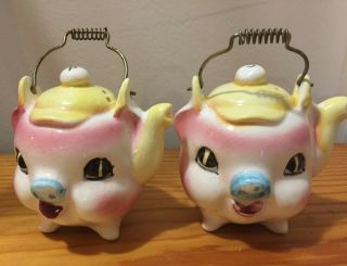Vintage Salt Pepper Shakers Japan Piggy Teapots Porcelain Hand Painted
