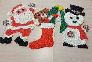 Christmas Melted Plastic Popcorn Santa,  Bearw/ Stocking &snowman - Set 3 - Vtg - 18 " Ht