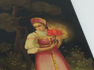 Vintage Russian Lacquer Box Panel Wall Plaque Woman Scarlet Flower Hand Painted