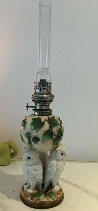 Antique Ceramic Three Owl Oil Lamp With Funnel