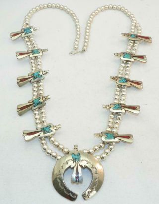 Vintage Navajo Sterling Silver Turquoise Coral Chip Inlay Peyote Bird Necklace