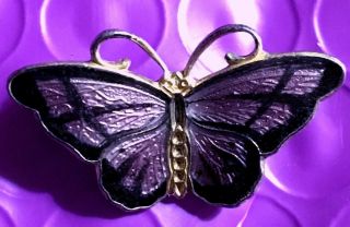 Purple Vintage Hroar Prydz Norway Sterling Silver,  Enamel Butterfly Pin Purple