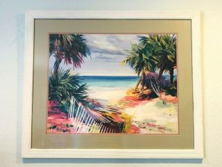 Large Vintage " Tropical Beach " Watercolor Painting Framed Signed Marianne Dunn