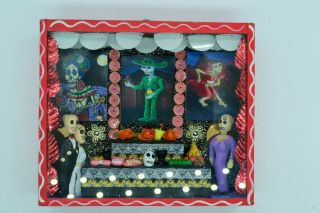 Tiny Diorama Mexican Miniature Skeleton Shadow Box Folk Art