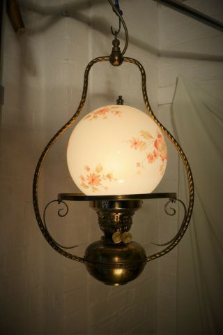Vintage French Farmhouse Ceiling Oil Lamp Converted To Electricity.  Glass Globe.