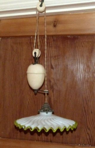 Antique Vintage French Rise & Fall Pendant Light System With Wavy Opaline Shade